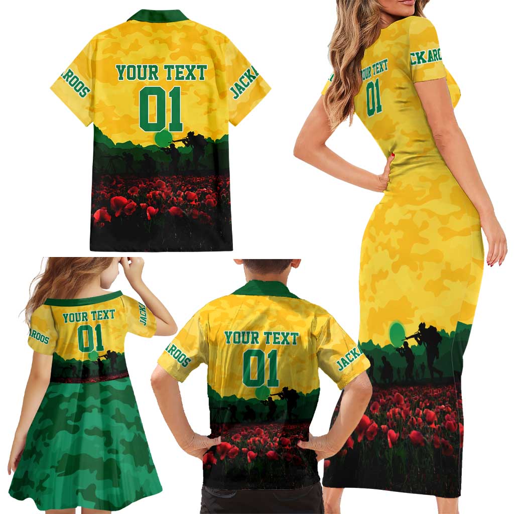 Personalized Australian Jackaroos ANZAC Family Matching Short Sleeve Bodycon Dress and Hawaiian Shirt Poppy Field Soldiers Silhouette Sunset Commemorative Design