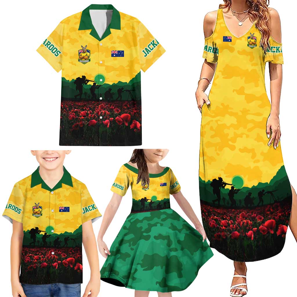 Personalized Australian Jackaroos ANZAC Family Matching Summer Maxi Dress and Hawaiian Shirt Poppy Field Soldiers Silhouette Sunset Commemorative Design