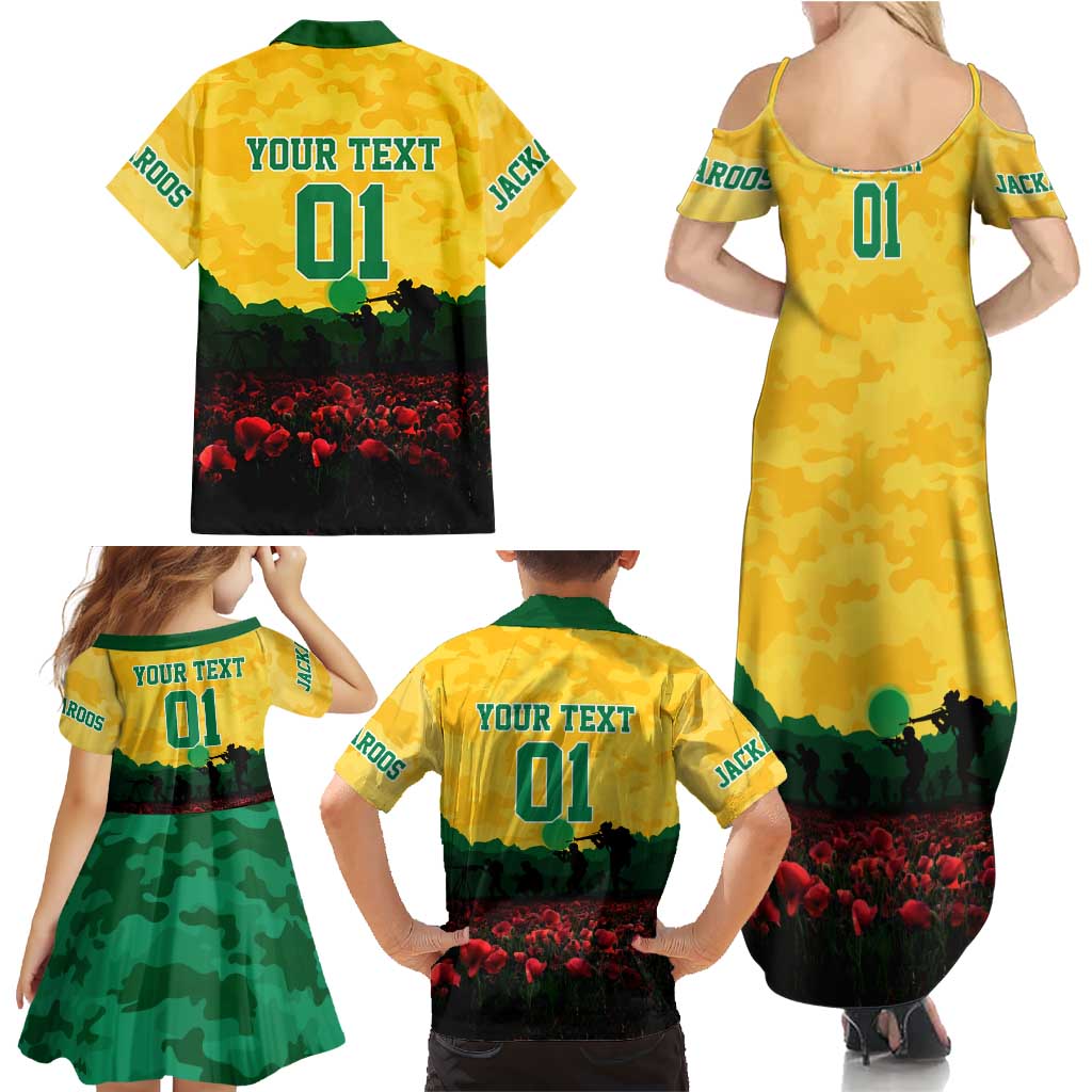 Personalized Australian Jackaroos ANZAC Family Matching Summer Maxi Dress and Hawaiian Shirt Poppy Field Soldiers Silhouette Sunset Commemorative Design