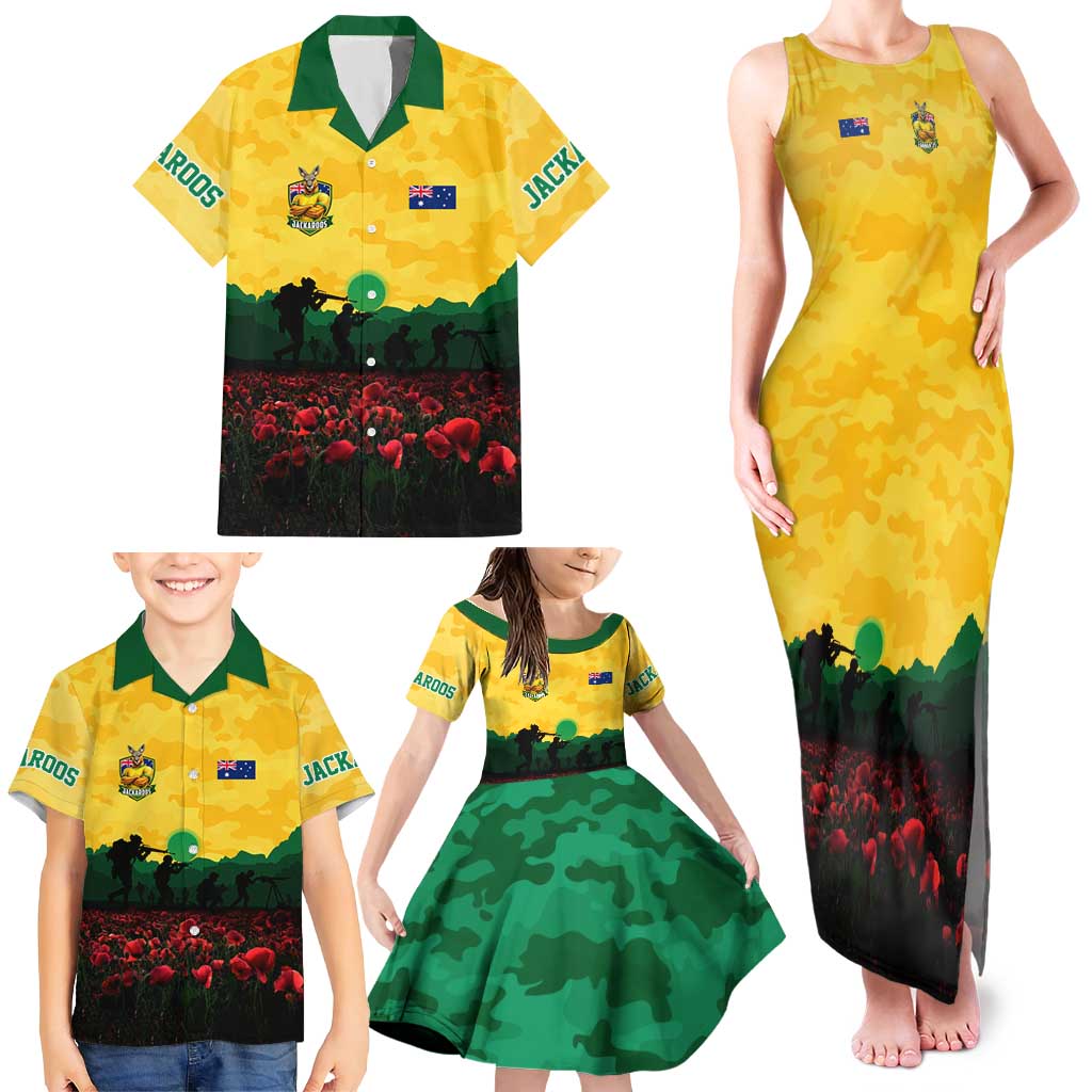 Personalized Australian Jackaroos ANZAC Family Matching Tank Maxi Dress and Hawaiian Shirt Poppy Field Soldiers Silhouette Sunset Commemorative Design