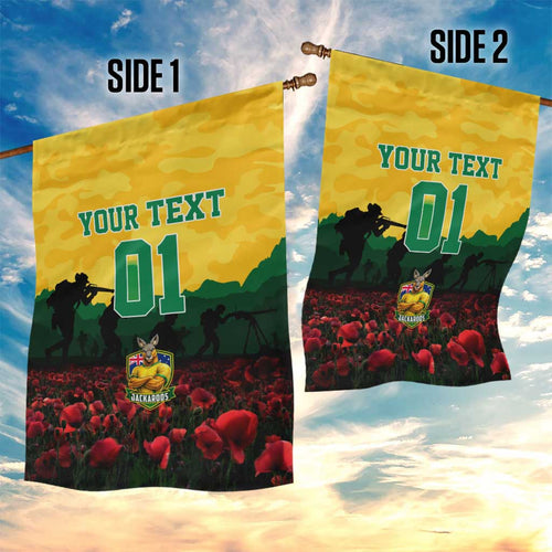 Personalized Australian Jackaroos ANZAC Garden Flag Poppy Field Soldiers Silhouette Sunset Commemorative Design