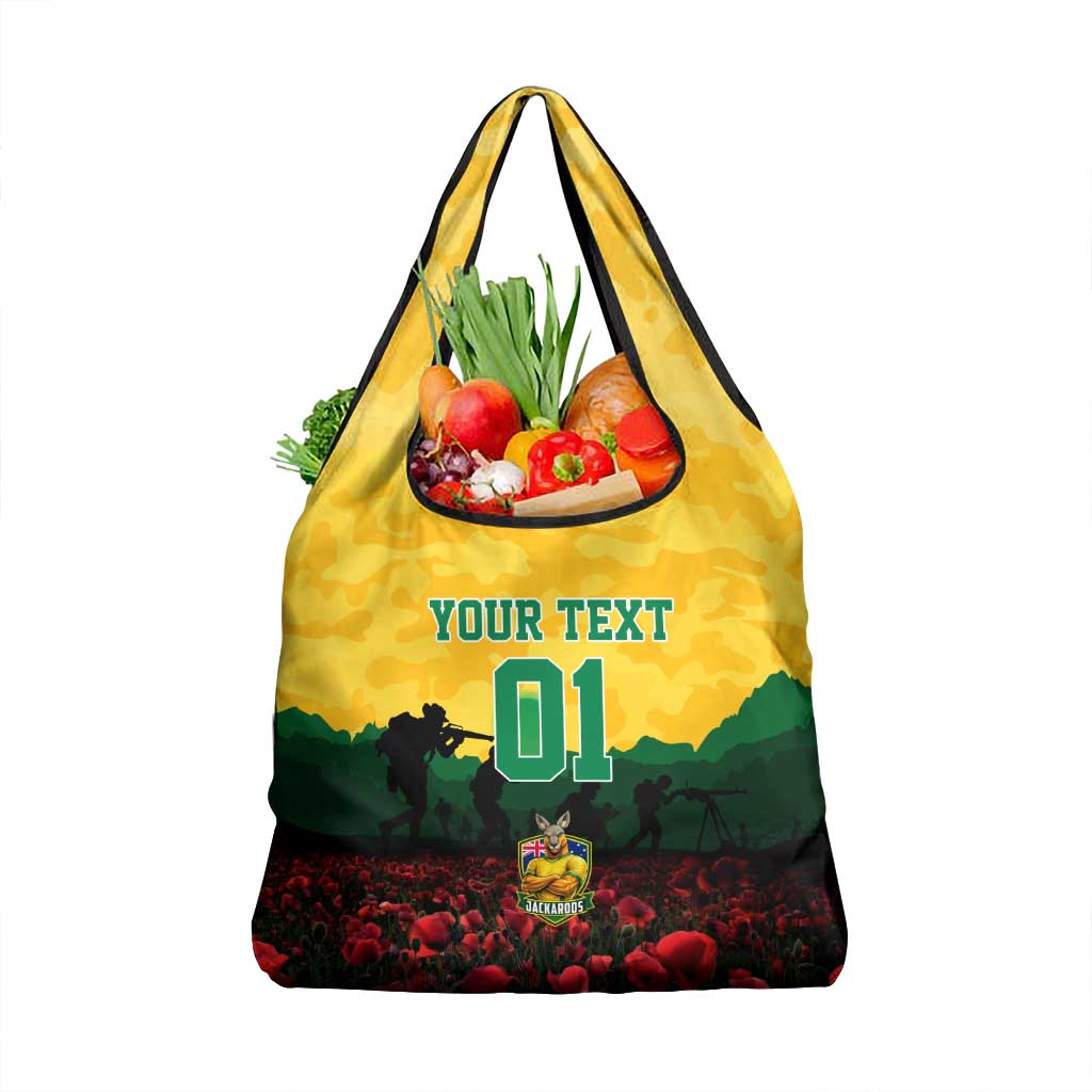 Personalized Australian Jackaroos ANZAC Grocery Bag Poppy Field Soldiers Silhouette Sunset Commemorative Design