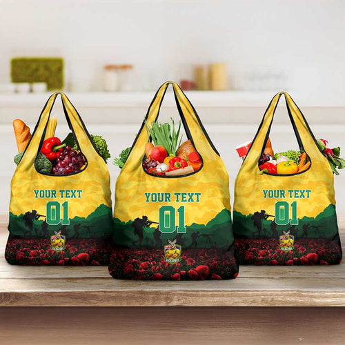 Personalized Australian Jackaroos ANZAC Grocery Bag Poppy Field Soldiers Silhouette Sunset Commemorative Design