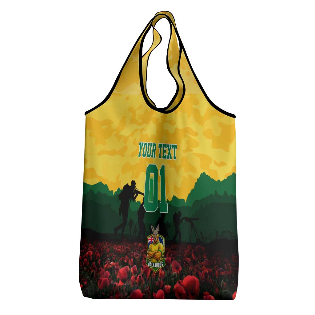 Personalized Australian Jackaroos ANZAC Grocery Bag Poppy Field Soldiers Silhouette Sunset Commemorative Design