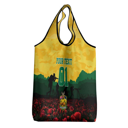 Personalized Australian Jackaroos ANZAC Grocery Bag Poppy Field Soldiers Silhouette Sunset Commemorative Design