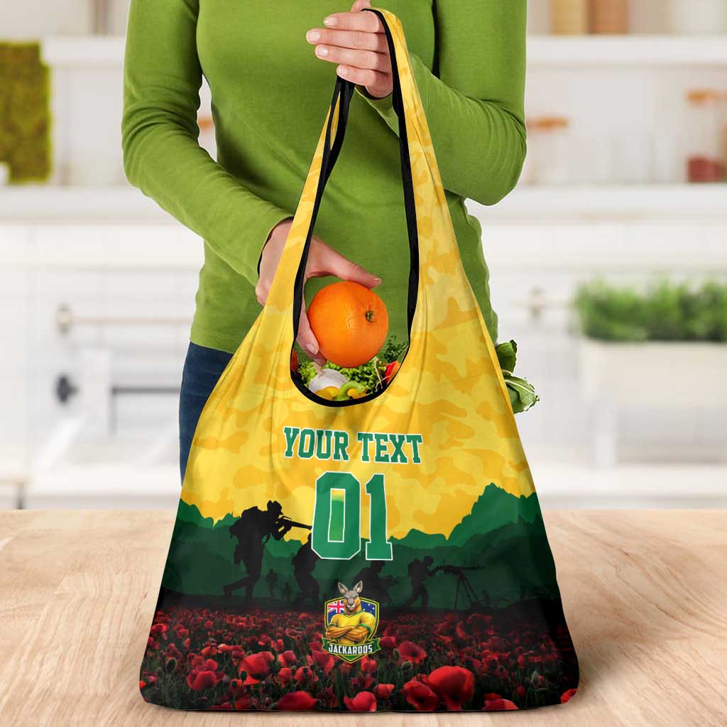 Personalized Australian Jackaroos ANZAC Grocery Bag Poppy Field Soldiers Silhouette Sunset Commemorative Design