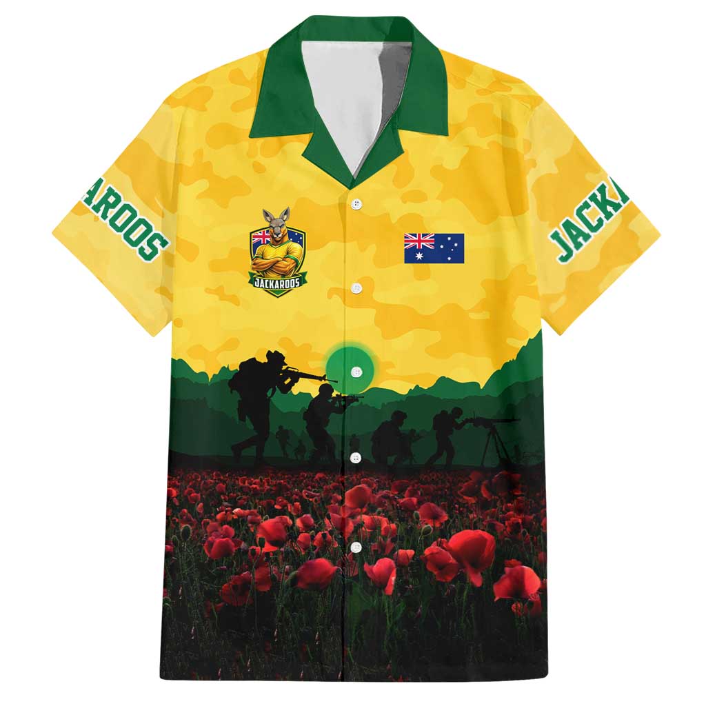 Personalized Australian Jackaroos ANZAC Hawaiian Shirt Poppy Field Soldiers Silhouette Sunset Commemorative Design