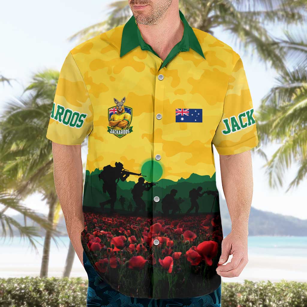 Personalized Australian Jackaroos ANZAC Hawaiian Shirt Poppy Field Soldiers Silhouette Sunset Commemorative Design