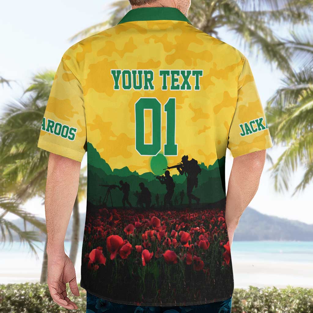 Personalized Australian Jackaroos ANZAC Hawaiian Shirt Poppy Field Soldiers Silhouette Sunset Commemorative Design