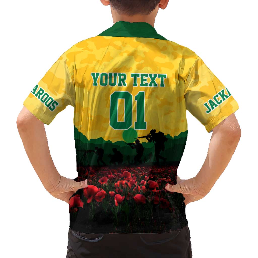 Personalized Australian Jackaroos ANZAC Hawaiian Shirt Poppy Field Soldiers Silhouette Sunset Commemorative Design