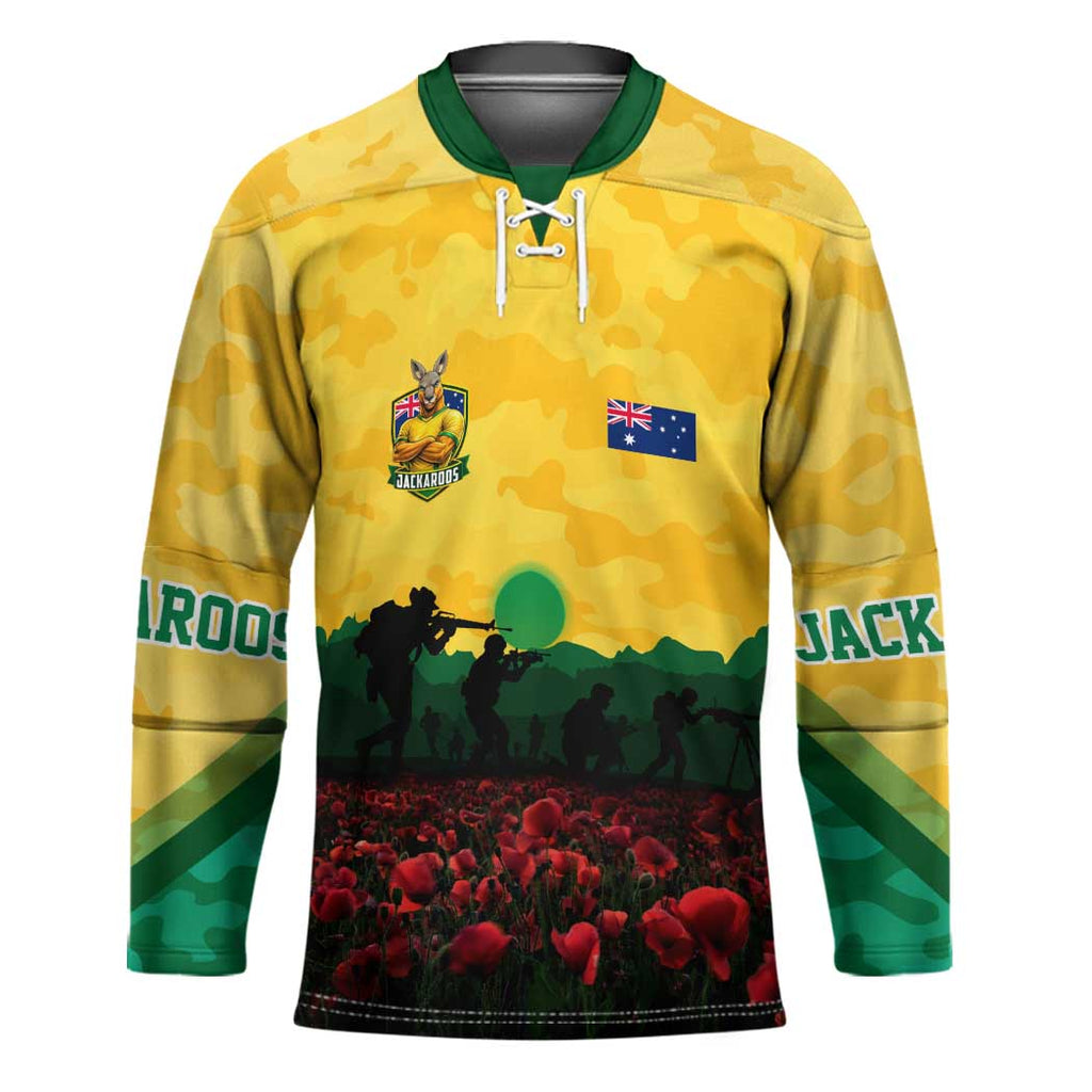 Personalized Australian Jackaroos ANZAC Hockey Jersey Poppy Field Soldiers Silhouette Sunset Commemorative Design