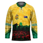 Personalized Australian Jackaroos ANZAC Hockey Jersey Poppy Field Soldiers Silhouette Sunset Commemorative Design