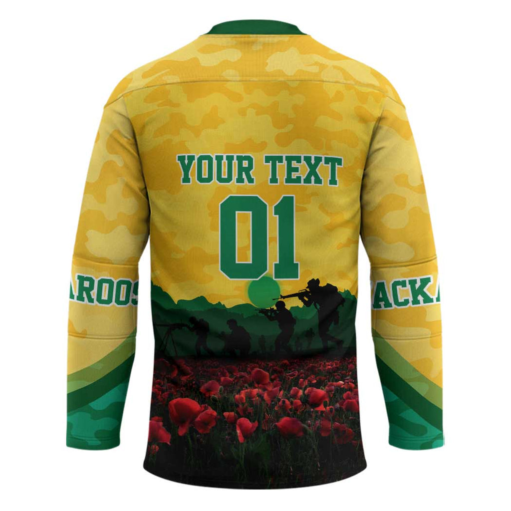 Personalized Australian Jackaroos ANZAC Hockey Jersey Poppy Field Soldiers Silhouette Sunset Commemorative Design