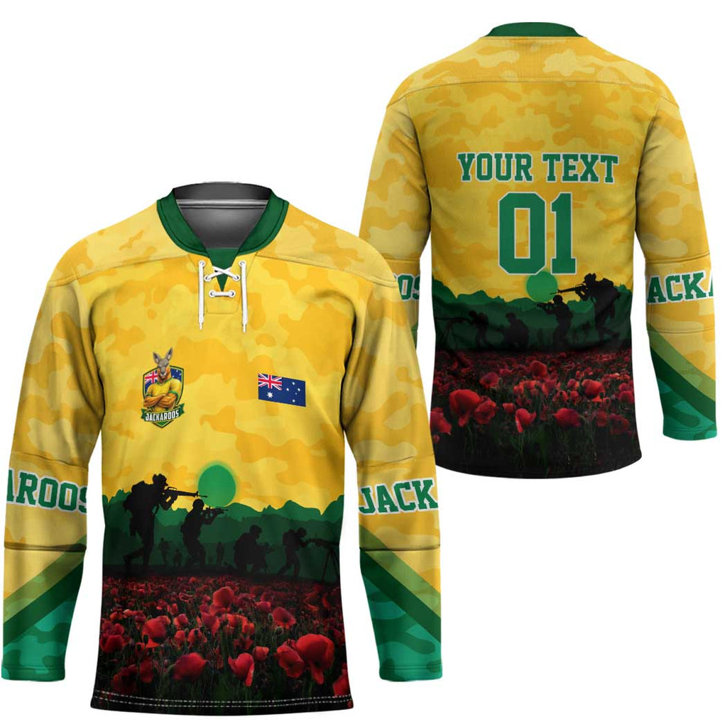 Personalized Australian Jackaroos ANZAC Hockey Jersey Poppy Field Soldiers Silhouette Sunset Commemorative Design