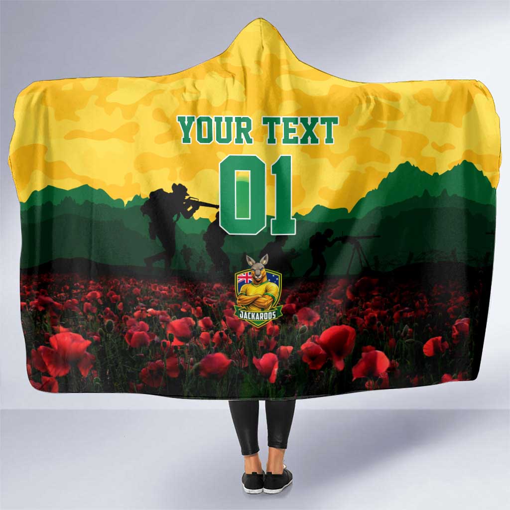Personalized Australian Jackaroos ANZAC Hooded Blanket Poppy Field Soldiers Silhouette Sunset Commemorative Design