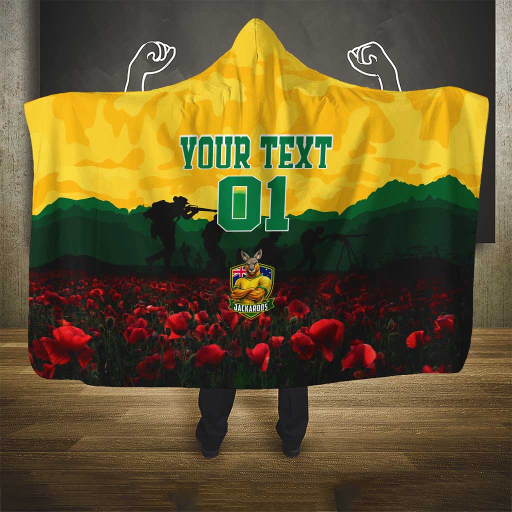 Personalized Australian Jackaroos ANZAC Hooded Blanket Poppy Field Soldiers Silhouette Sunset Commemorative Design