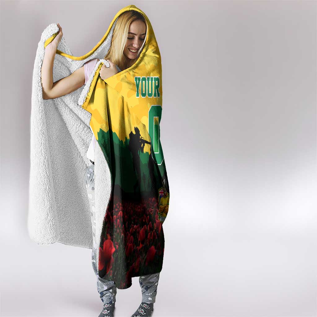 Personalized Australian Jackaroos ANZAC Hooded Blanket Poppy Field Soldiers Silhouette Sunset Commemorative Design