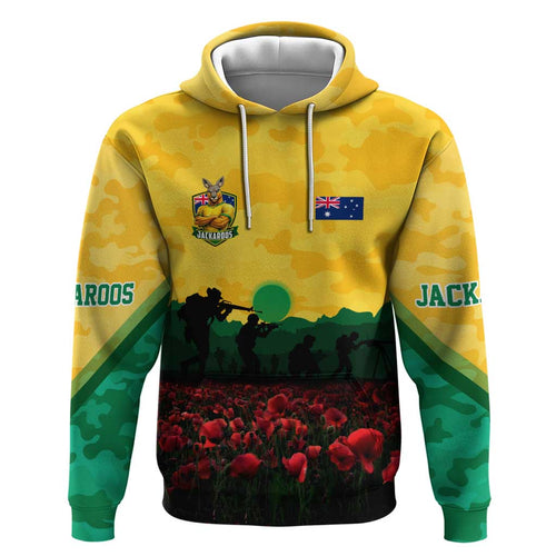 Personalized Australian Jackaroos ANZAC Hoodie Poppy Field Soldiers Silhouette Sunset Commemorative Design