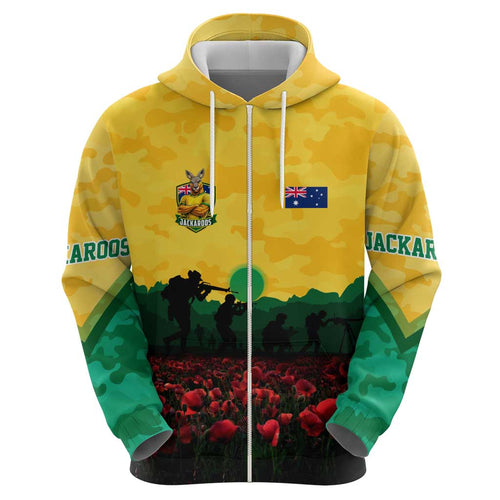 Personalized Australian Jackaroos ANZAC Hoodie Poppy Field Soldiers Silhouette Sunset Commemorative Design