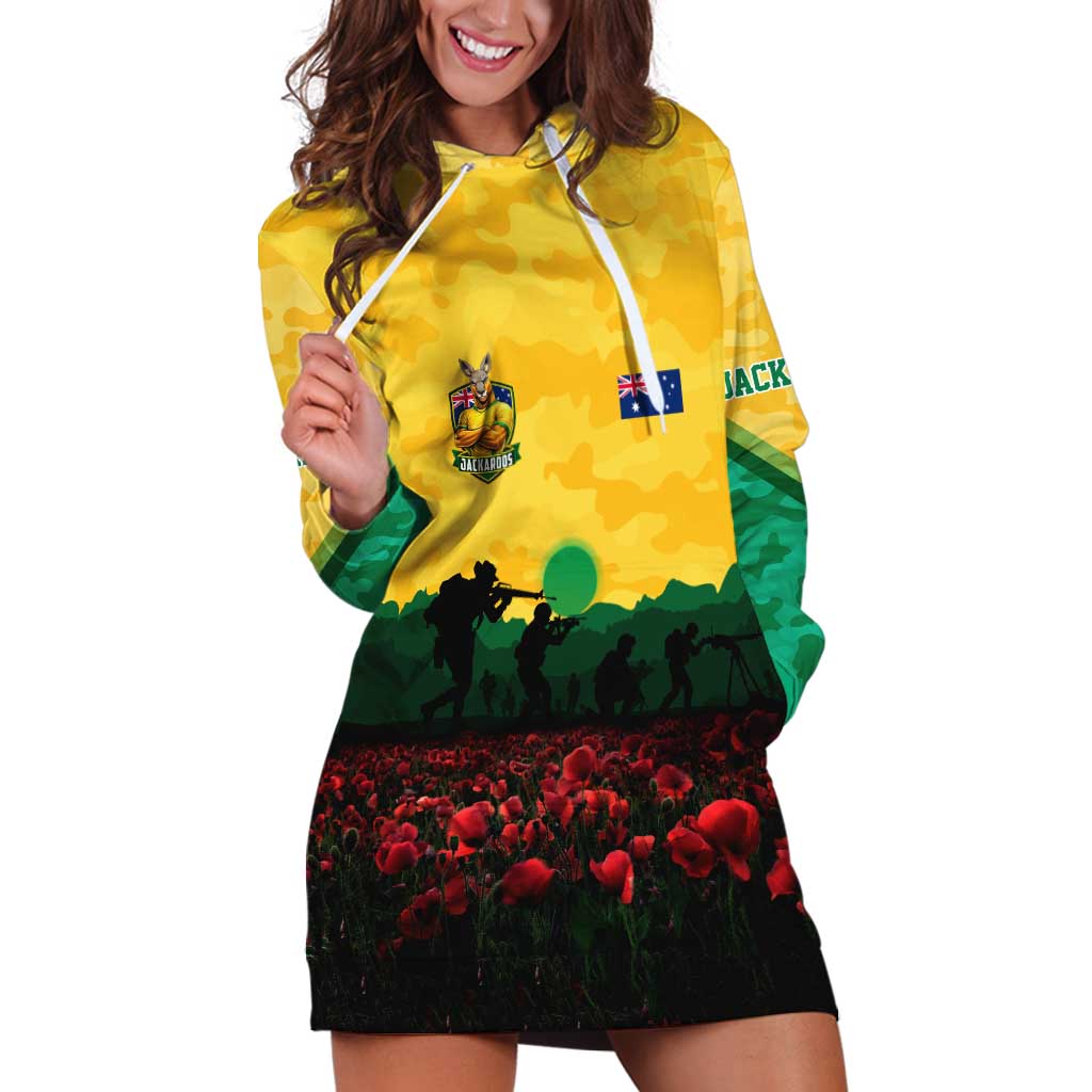 Personalized Australian Jackaroos ANZAC Hoodie Dress Poppy Field Soldiers Silhouette Sunset Commemorative Design
