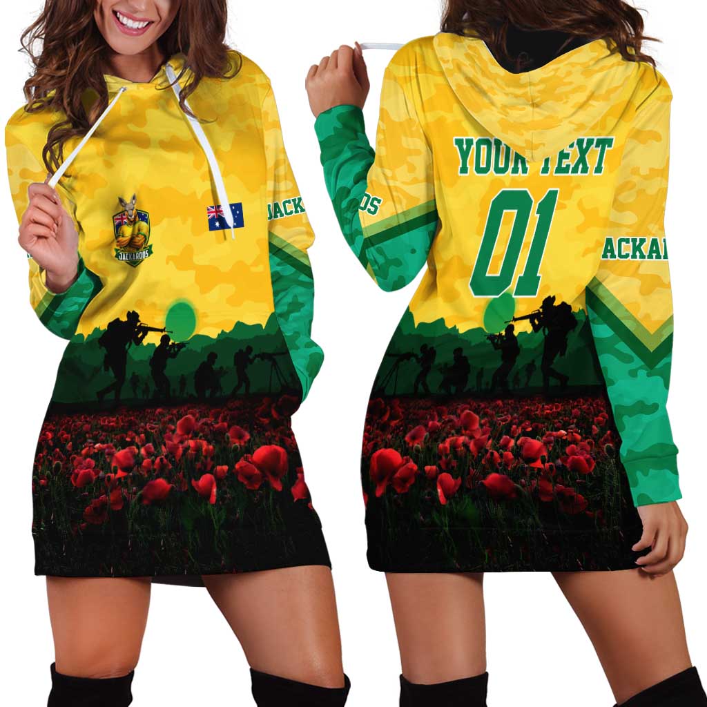 Personalized Australian Jackaroos ANZAC Hoodie Dress Poppy Field Soldiers Silhouette Sunset Commemorative Design