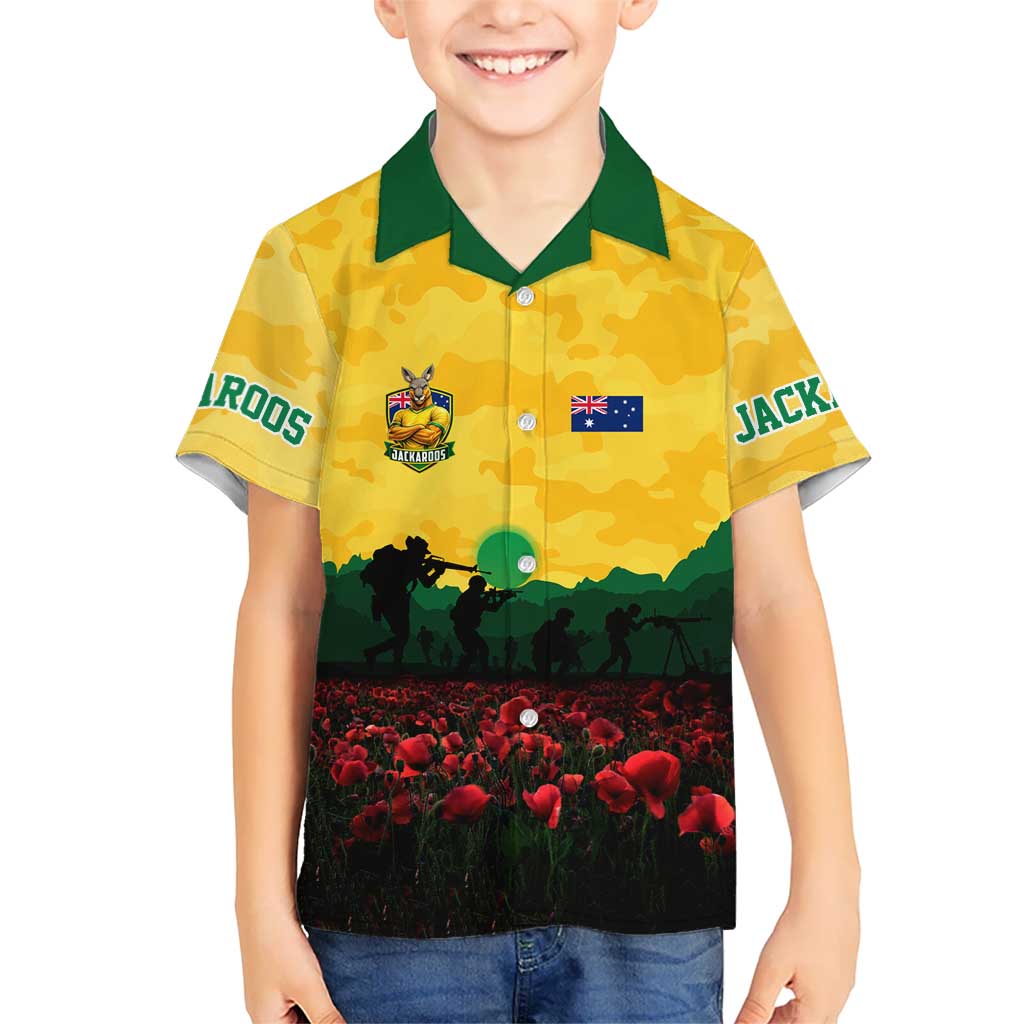 Personalized Australian Jackaroos ANZAC Kid Hawaiian Shirt Poppy Field Soldiers Silhouette Sunset Commemorative Design