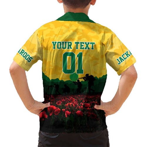 Personalized Australian Jackaroos ANZAC Kid Hawaiian Shirt Poppy Field Soldiers Silhouette Sunset Commemorative Design