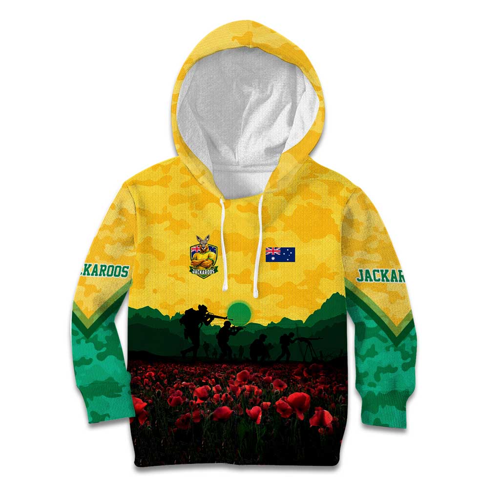 Personalized Australian Jackaroos ANZAC Kid Hoodie Poppy Field Soldiers Silhouette Sunset Commemorative Design