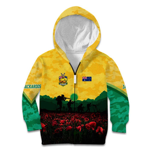 Personalized Australian Jackaroos ANZAC Kid Hoodie Poppy Field Soldiers Silhouette Sunset Commemorative Design