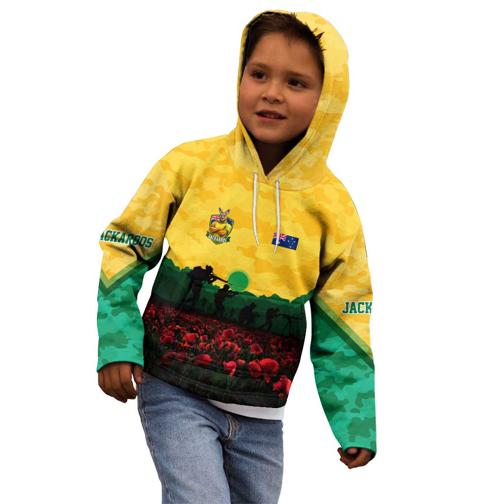 Personalized Australian Jackaroos ANZAC Kid Hoodie Poppy Field Soldiers Silhouette Sunset Commemorative Design