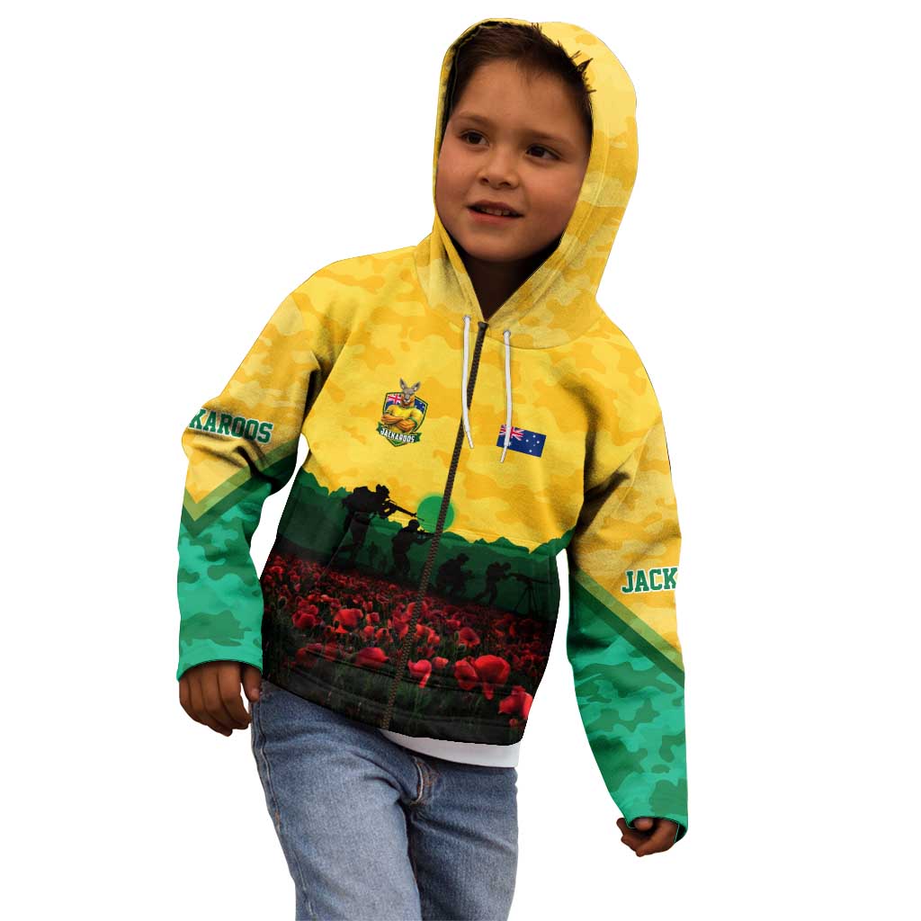 Personalized Australian Jackaroos ANZAC Kid Hoodie Poppy Field Soldiers Silhouette Sunset Commemorative Design