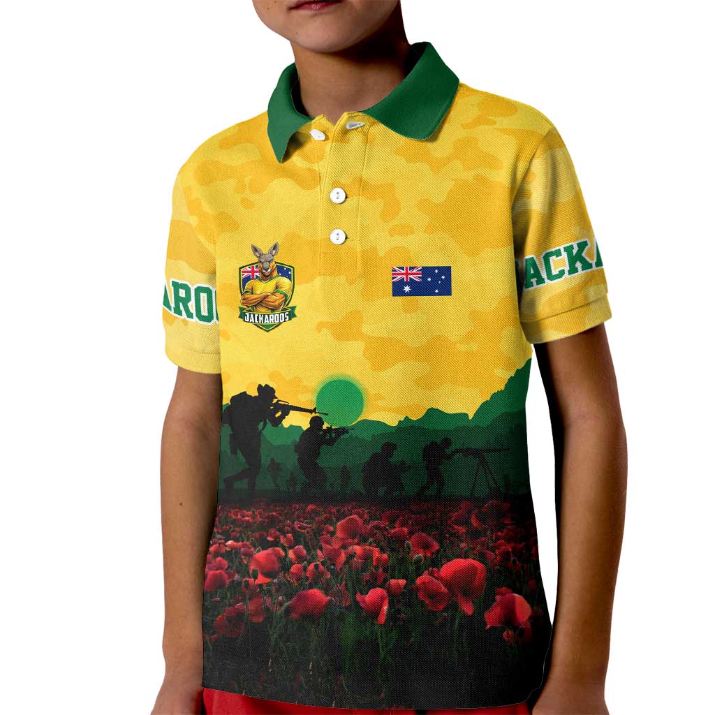 Personalized Australian Jackaroos ANZAC Kid Polo Shirt Poppy Field Soldiers Silhouette Sunset Commemorative Design