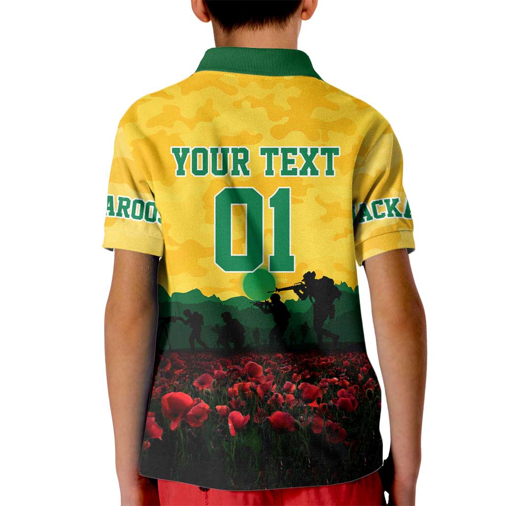 Personalized Australian Jackaroos ANZAC Kid Polo Shirt Poppy Field Soldiers Silhouette Sunset Commemorative Design