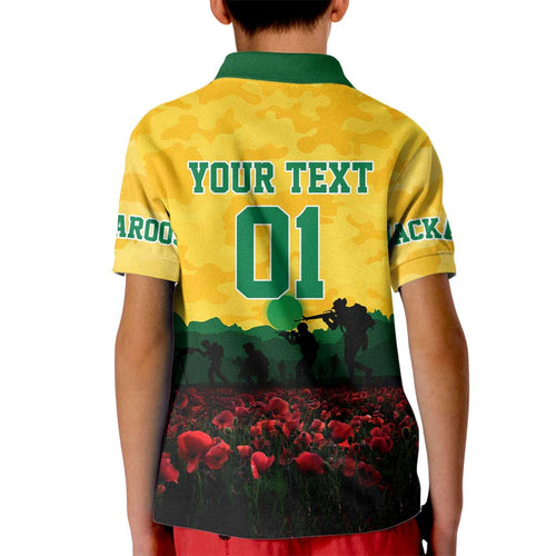 Personalized Australian Jackaroos ANZAC Kid Polo Shirt Poppy Field Soldiers Silhouette Sunset Commemorative Design
