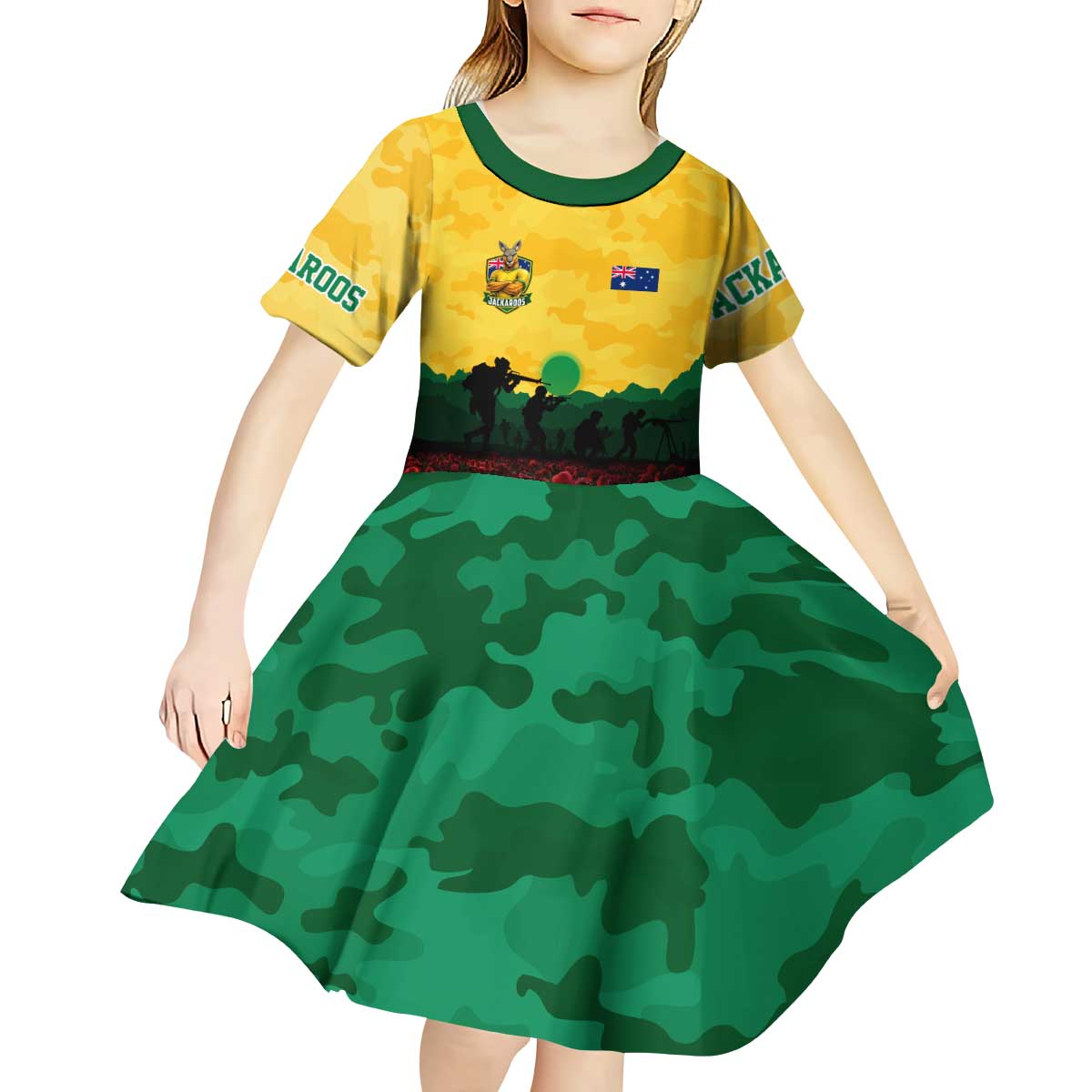 Personalized Australian Jackaroos ANZAC Kid Short Sleeve Dress Poppy Field Soldiers Silhouette Sunset Commemorative Design