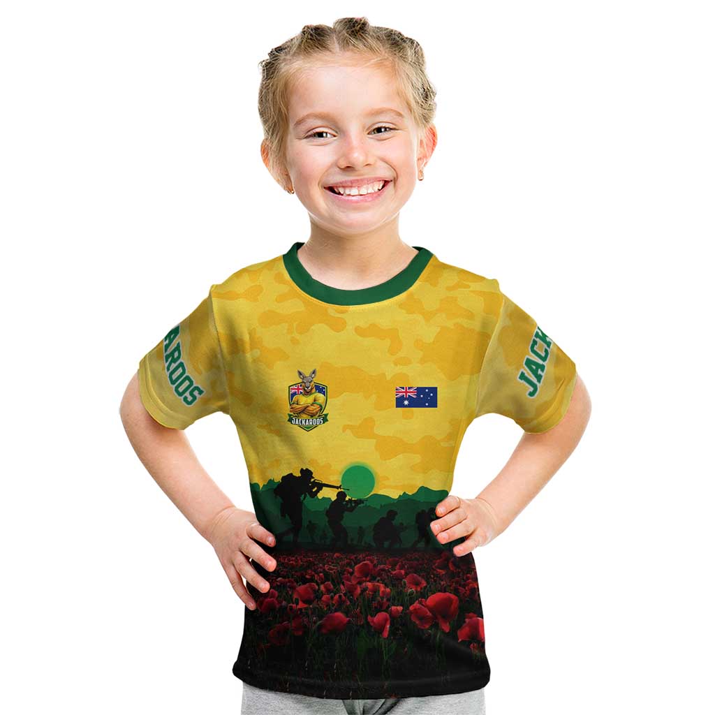 Personalized Australian Jackaroos ANZAC Kid T Shirt Poppy Field Soldiers Silhouette Sunset Commemorative Design