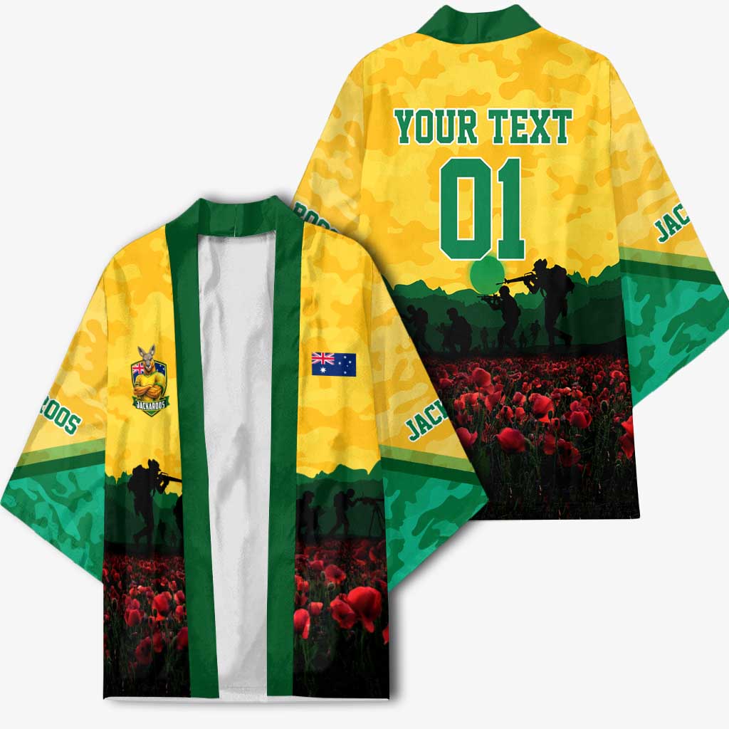 Personalized Australian Jackaroos ANZAC Kimono Poppy Field Soldiers Silhouette Sunset Commemorative Design