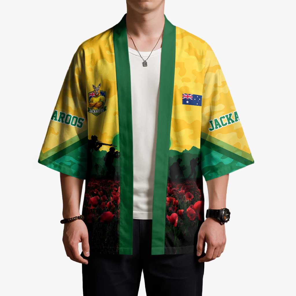 Personalized Australian Jackaroos ANZAC Kimono Poppy Field Soldiers Silhouette Sunset Commemorative Design