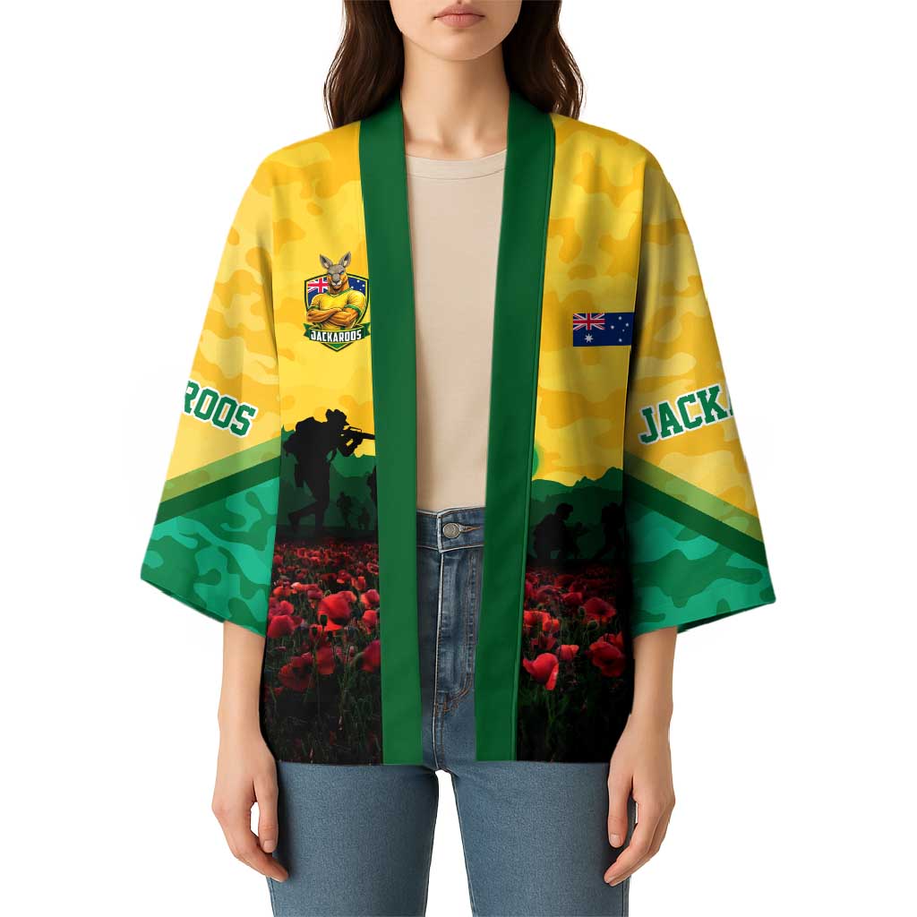 Personalized Australian Jackaroos ANZAC Kimono Poppy Field Soldiers Silhouette Sunset Commemorative Design
