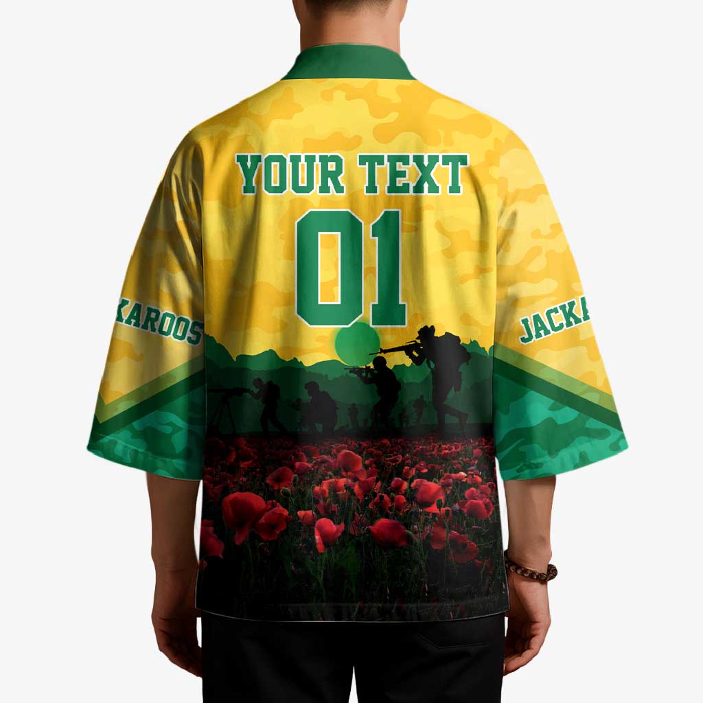 Personalized Australian Jackaroos ANZAC Kimono Poppy Field Soldiers Silhouette Sunset Commemorative Design