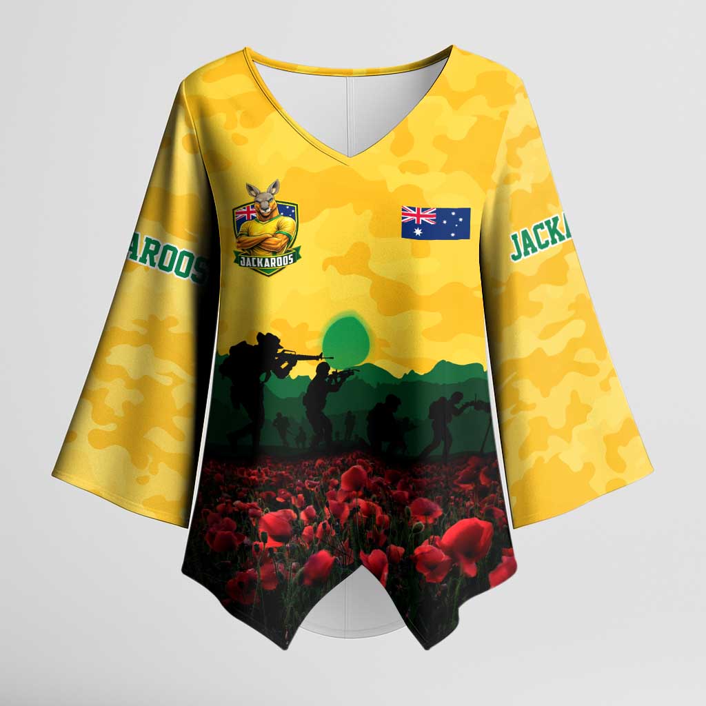 Personalized Australian Jackaroos ANZAC Kimono Sleeve Blouse Poppy Field Soldiers Silhouette Sunset Commemorative Design
