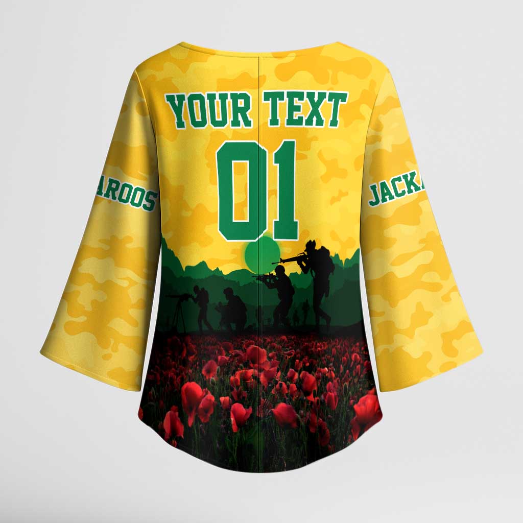 Personalized Australian Jackaroos ANZAC Kimono Sleeve Blouse Poppy Field Soldiers Silhouette Sunset Commemorative Design
