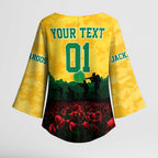 Personalized Australian Jackaroos ANZAC Kimono Sleeve Blouse Poppy Field Soldiers Silhouette Sunset Commemorative Design