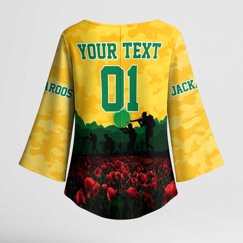Personalized Australian Jackaroos ANZAC Kimono Sleeve Blouse Poppy Field Soldiers Silhouette Sunset Commemorative Design