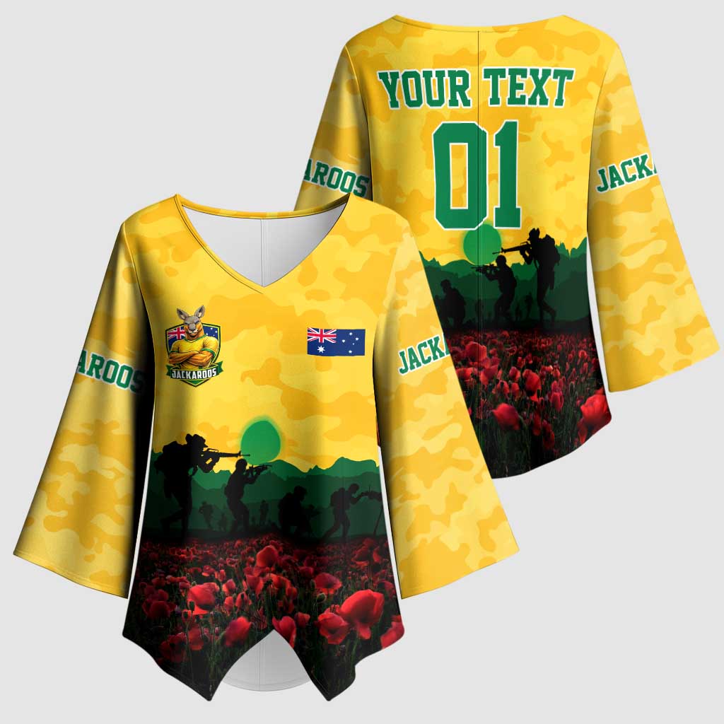 Personalized Australian Jackaroos ANZAC Kimono Sleeve Blouse Poppy Field Soldiers Silhouette Sunset Commemorative Design