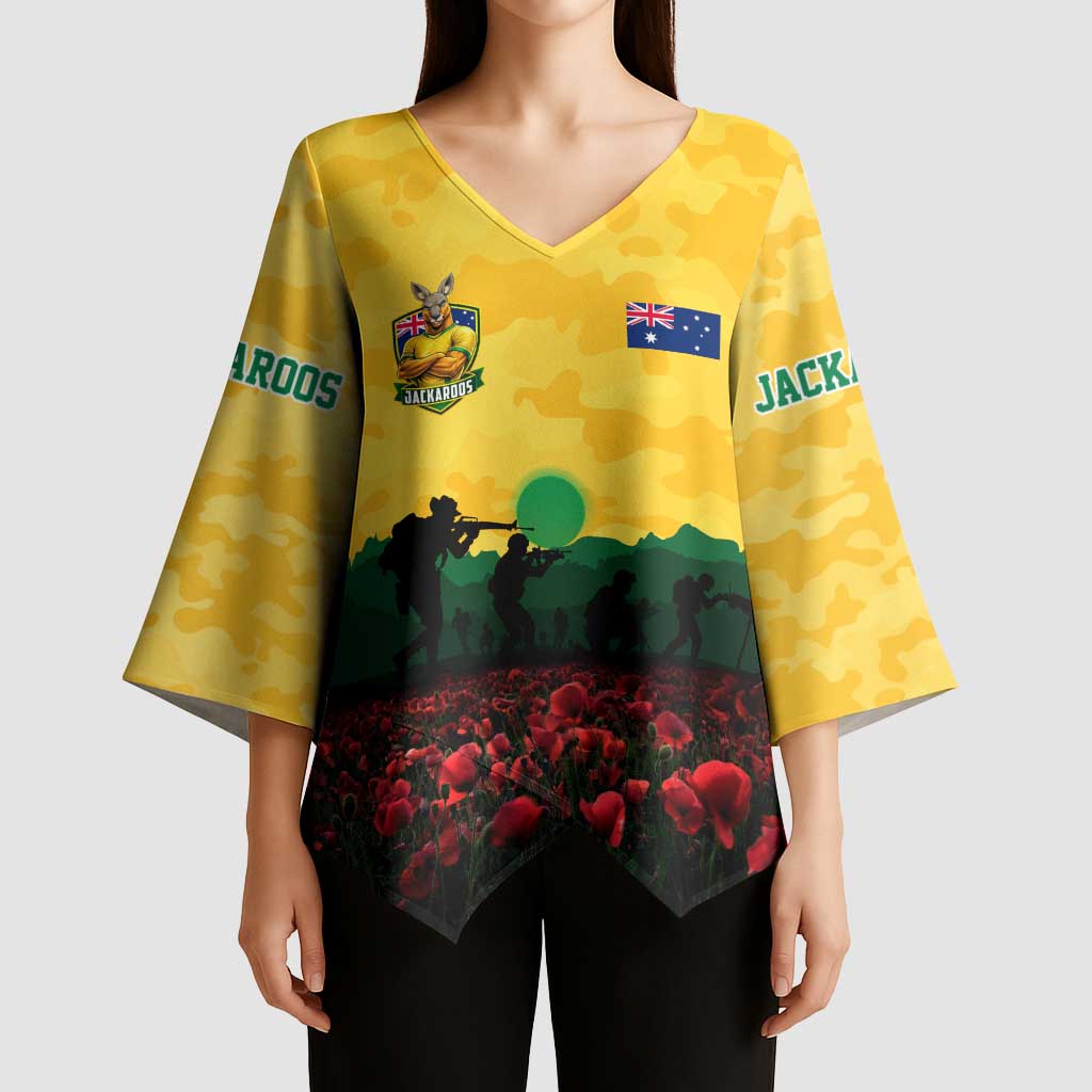 Personalized Australian Jackaroos ANZAC Kimono Sleeve Blouse Poppy Field Soldiers Silhouette Sunset Commemorative Design