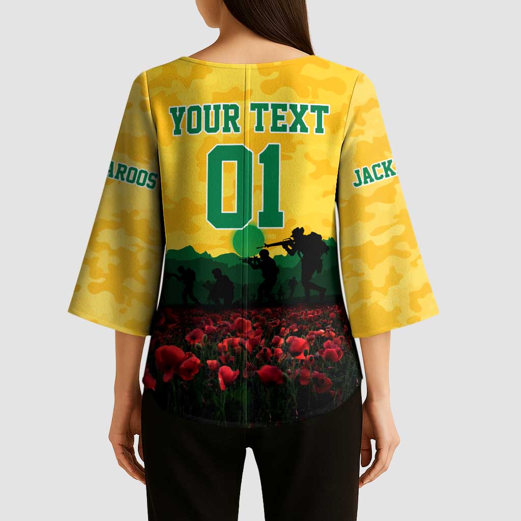 Personalized Australian Jackaroos ANZAC Kimono Sleeve Blouse Poppy Field Soldiers Silhouette Sunset Commemorative Design