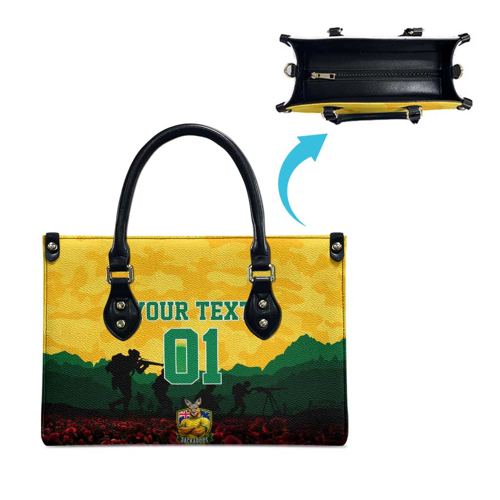 Personalized Australian Jackaroos ANZAC Leather Bag Poppy Field Soldiers Silhouette Sunset Commemorative Design