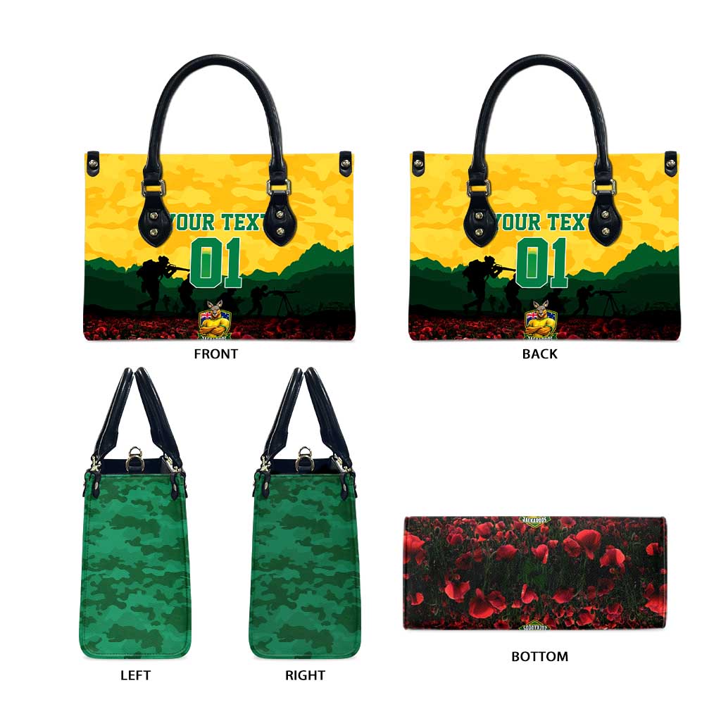 Personalized Australian Jackaroos ANZAC Leather Bag Poppy Field Soldiers Silhouette Sunset Commemorative Design