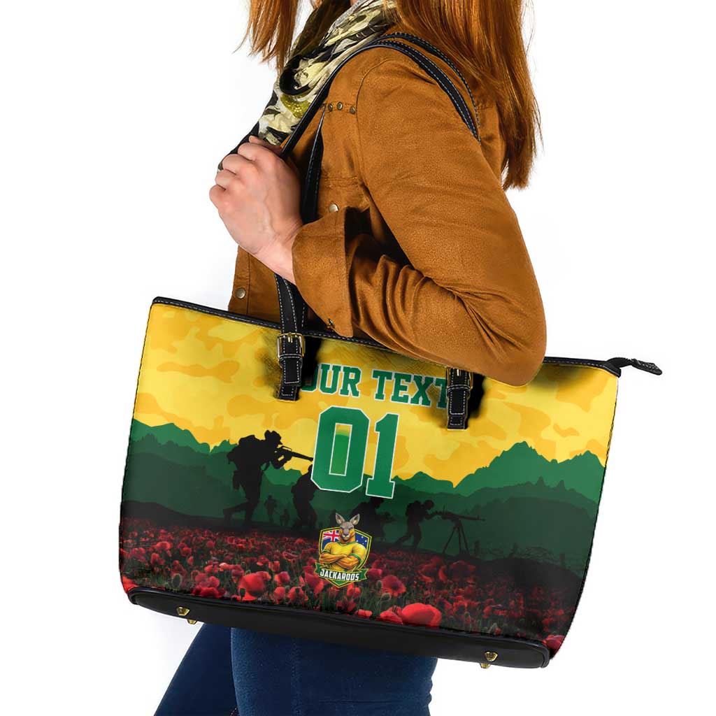 Personalized Australian Jackaroos ANZAC Leather Tote Bag Poppy Field Soldiers Silhouette Sunset Commemorative Design